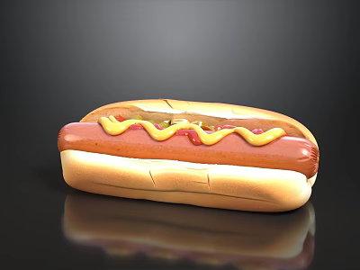 Delicious Hot Dog with Grilled Sausage Ketchup Mustard and Soft Bun 3d model