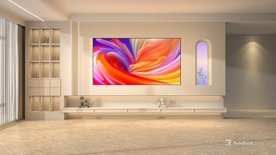 Stylish TV Wall Design With Colorful Abstract Painting Arched Window And White Stand 3d model 