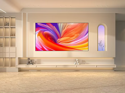 Stylish TV Wall Design With Colorful Abstract Painting Arched Window And White Stand 3d model