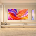 Stylish TV Wall Design With Colorful Abstract Painting Arched Window And White Stand