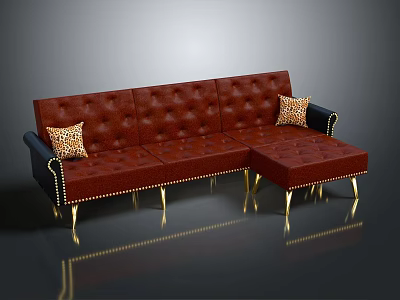 Luxury Tufted Brown Leather Sofa With Gold Metal Legs And Decorative Pillows 3d model