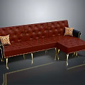 Luxury Tufted Brown Leather Sofa With Gold Metal Legs And Decorative Pillows