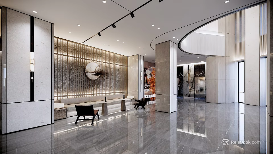 Elegant Modern Hotel Lobby With Marble Walls Circular Decor Black Chairs And Sleek Flooring 3d model 