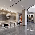 Elegant Modern Hotel Lobby With Marble Walls Circular Decor Black Chairs And Sleek Flooring
