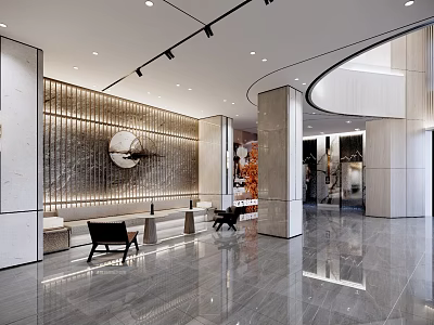 Elegant Modern Hotel Lobby With Marble Walls Circular Decor Black Chairs And Sleek Flooring 3d model