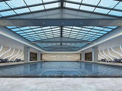 Elegant Modern Indoor Swimming Pool With Glass Roof And Spacious Lounging Area 3d model