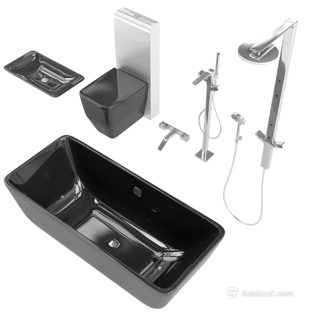Modern Black Bathroom Set with Bathtub Washbasin Toilet And Shower System 3d model 