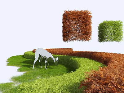 Trimmed Green And Brown Bushes In Garden Landscape With White Deer Grazing On Grass 3d model