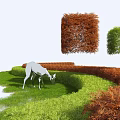 Trimmed Green And Brown Bushes In Garden Landscape With White Deer Grazing On Grass