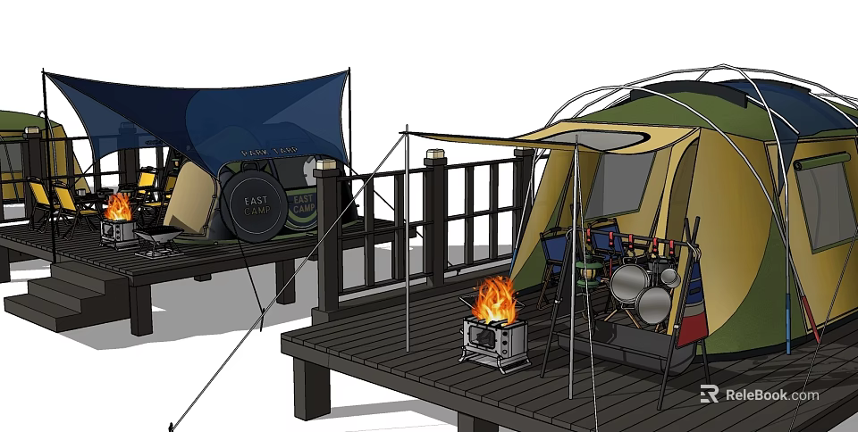Outdoor Camping Tent Setup On Wooden Deck With Campfire and Cooking Gear 3d model 