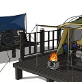 Outdoor Camping Tent Setup On Wooden Deck With Campfire and Cooking Gear
