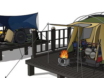 Outdoor Camping Tent Setup On Wooden Deck With Campfire and Cooking Gear 3d model