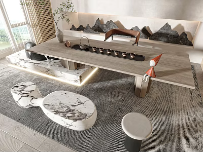 Elegant Modern Tea Table and Chairs with Marble Stools Mountain Pattern Rug and Soft Lighting 3d model