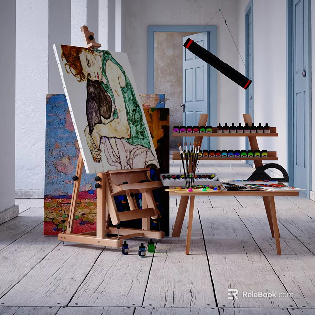 Art Supplies Setup With Easel Painting Brushes Acrylic Paints And Wooden Table 3d model 