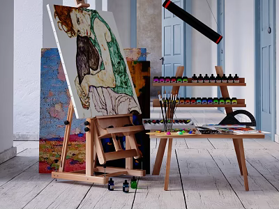 Art Supplies Setup With Easel Painting Brushes Acrylic Paints And Wooden Table 3d model