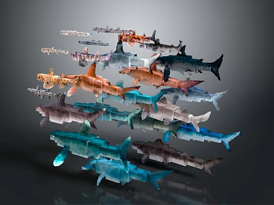 Various Colored Sharks Displayed in Layered Arrangement on Gray Background 3d model
