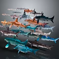 Various Colored Sharks Displayed in Layered Arrangement on Gray Background