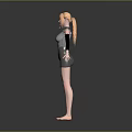 Game Movie Character 3D Model With Blonde Hair Silver Bodysuit Black Sleeves Barefoot Standing Pose