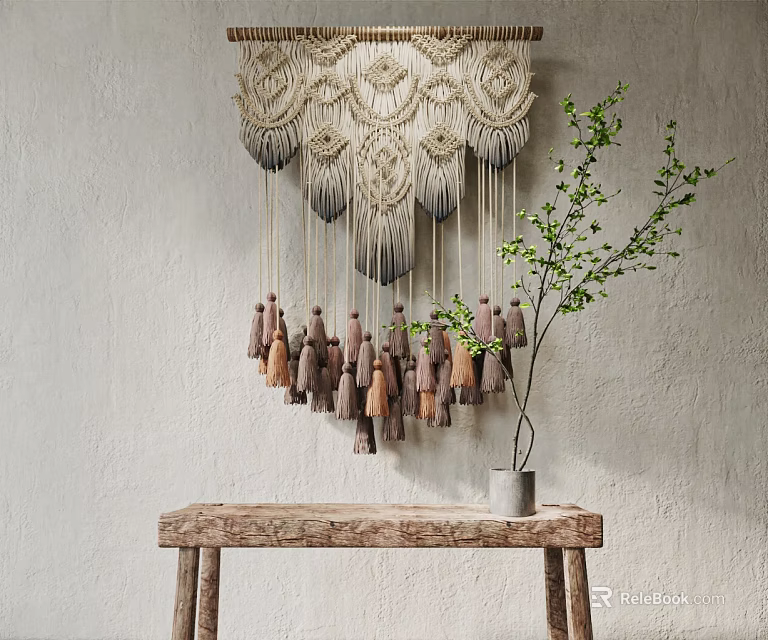 Bohemian Macrame Wall Hanging With Gradient Tassels Near Greenery And Rustic Table 3d model 