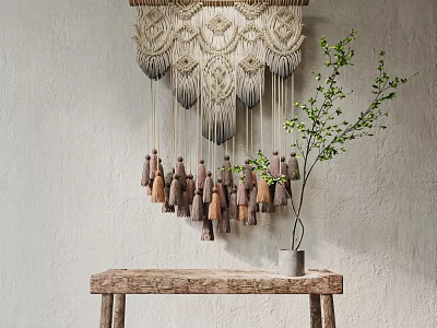 Bohemian Macrame Wall Hanging With Gradient Tassels Near Greenery And Rustic Table 3d model