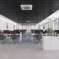 Modern Exhibition Hall Interior With White Round Counters Blue Accents And Gray Marble Flooring