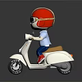 Cartoon Character Riding White Scooter With Red Orange Helmet Sunglasses White Shirt Blue Pants