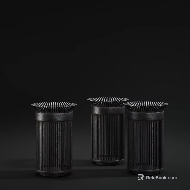 Black Public Trash Cans With Striped Design And Grid Top Openings 3d model 
