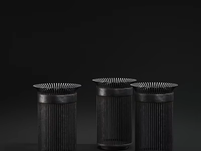 Black Public Trash Cans With Striped Design And Grid Top Openings 3d model