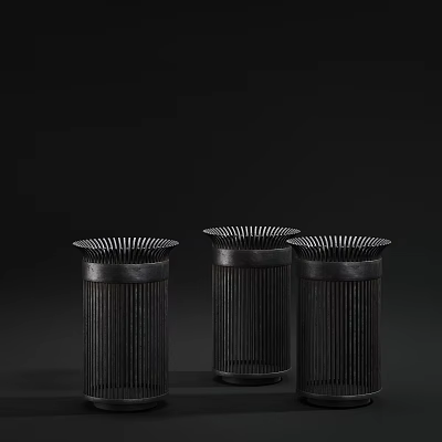 Black Public Trash Cans With Striped Design And Grid Top Openings 3d model