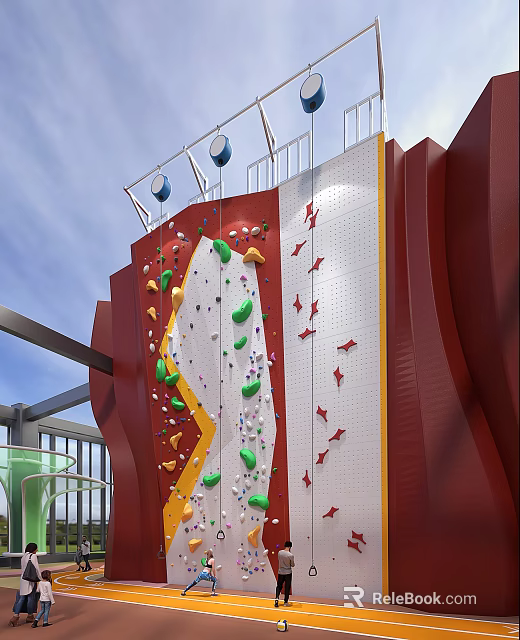Colorful Holds On Red White Outdoor Climbing Wall Rooftop Structure With Railings 3d model 