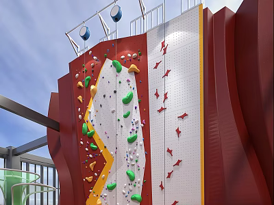 Colorful Holds On Red White Outdoor Climbing Wall Rooftop Structure With Railings 3d model