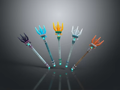 Different Colored Magic Staffs With Claw Shaped Heads And Glowing Green Tips 3d model