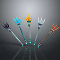 Different Colored Magic Staffs With Claw Shaped Heads And Glowing Green Tips