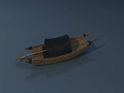 Traditional Wooden Boat With Black Canopy And Wooden Paddles On Blue Surface 3d model