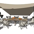 Outdoor Wooden Table With Folding Chairs Beige Canopy Oranges Cups And Grill Setup