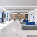 Modern Service Hall Interior With Spacious Bright Area Blue Seats And Reception Desk