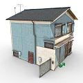 Cartoon Style Japanese Two Story Building With Blue Beige Walls Roller Shutter Door And Signboards