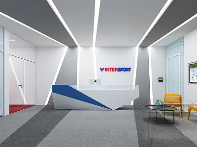 Modern INTERSPORT Reception Desk With Blue White Counter Yellow Chairs And Glass Coffee Table 3d model