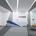Modern INTERSPORT Reception Desk With Blue White Counter Yellow Chairs And Glass Coffee Table