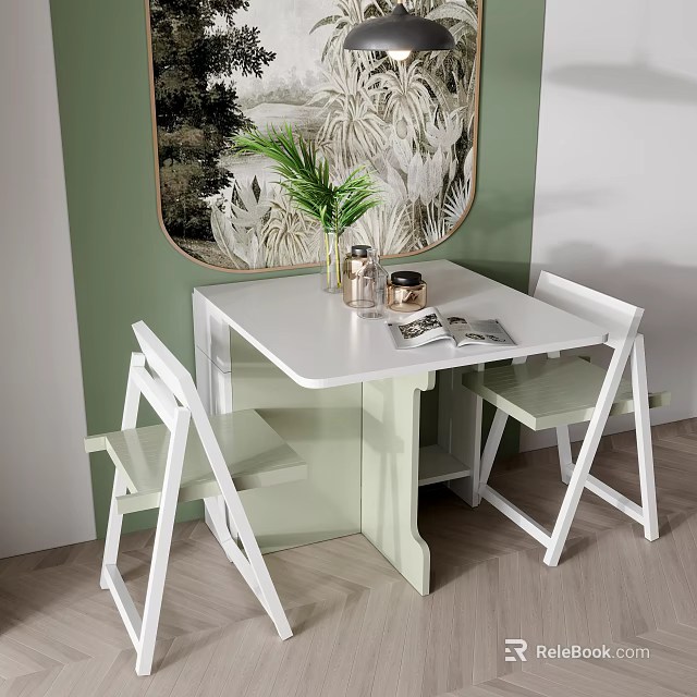 White Dining Table Set With White Chairs Green Plant And Magazine On Light Wooden Floor 3d model 