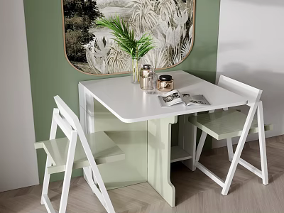 White Dining Table Set With White Chairs Green Plant And Magazine On Light Wooden Floor 3d model