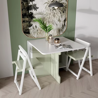 White Dining Table Set With White Chairs Green Plant And Magazine On Light Wooden Floor 3d model