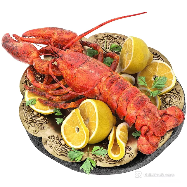 Fresh Grilled Lobster Served With Lemon Slices And Parsley On Ornate Plate 3d model 