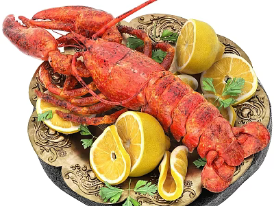Fresh Grilled Lobster Served With Lemon Slices And Parsley On Ornate Plate 3d model