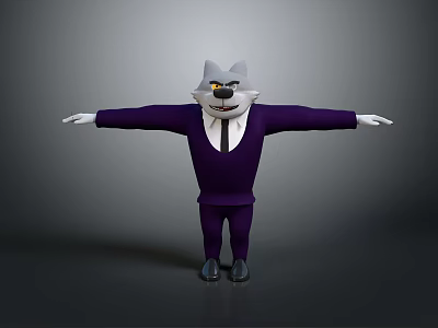 Cartoon Wolf Game Movie Character in Purple Suit With Tie And Sunglasses Arms Outstretched On Gray Background 3d model