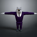 Cartoon Wolf Game Movie Character in Purple Suit With Tie And Sunglasses Arms Outstretched On Gray Background