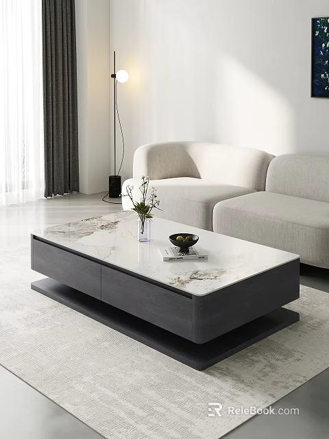 Modern Light Grey Sofa and Coffee Table Set with Marble Top Decorative Vase and Bowl 3d model 