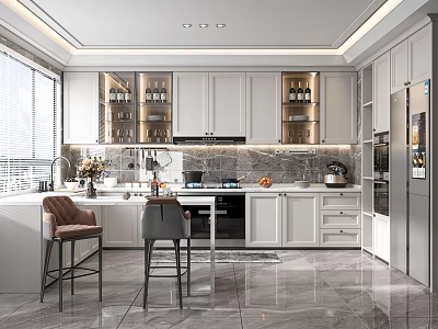 Modern Kitchen Interior Design With White Cabinets Marble Island Countertop And Appliances 3d model