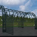 Outdoor Metal Arched Pergola With Greenery Blue Sky And Paved Plaza