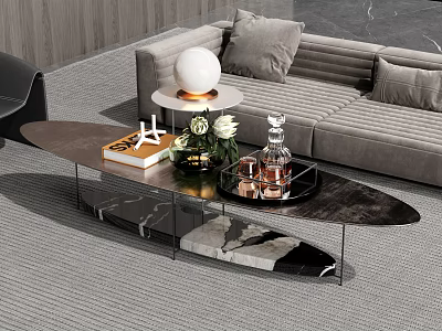 Oval Marble Top Coffee Table With Glass Base Decorative Items And Sofa In Living Room 3d model